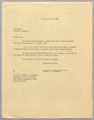 [Letter from Harris L. Kempner to the Claridge Hotel, September 26, 1960]