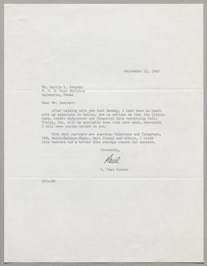 [Letter from R. Paul Creson to Harris L. Kempner, September 15, 1960]
