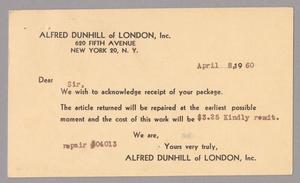 [Postal Card from Alfred Dunhill of London, Inc. To Harris Leon Kempner, April 8, 1960]