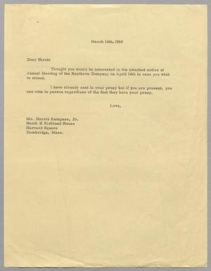 [Letter from Harris Leon Kempner to Shrub, March 14, 1960]