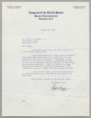 Primary view of object titled '[Letter from Clark W. Thompson to Harris Leon Kempner, Jr., January 26, 1960]'.