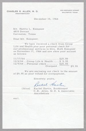 Primary view of object titled '[Letter from Rachel Hartin to Harris L. Kempner, December 10, 1964]'.