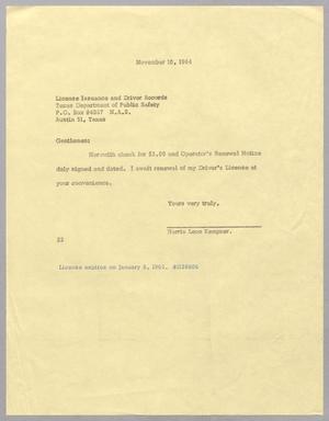 Primary view of object titled '[Letter from Harris L. Kempner to the Texas Department of Public Safety, November 10, 1964]'.
