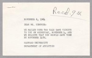 [Letter from Harvard University Department of Athletics to Harris L. Kempner, November 6, 1964]
