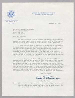 [Letter from Adlai E. Stevenson to Harris L. Kempner, October 16, 1964]
