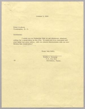 [Letter from Harris L. Kempner to the Hotel Madison, October 3, 1964]