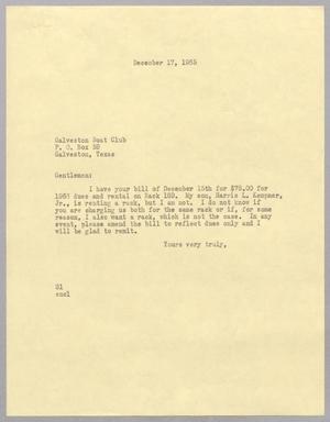 [Letter from Harris L. Kempner to the Galveston Boat Club, December 17, 1965]