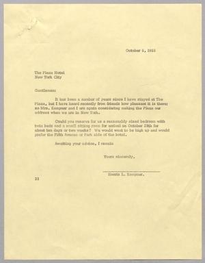 [Letter from Harris L. Kempner to The Plaza Hotel, October 6, 1965]