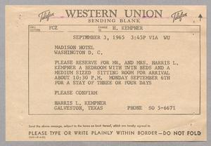 [Telegram from Harris L. Kempner to Madison Hotel, September 3, 1965]