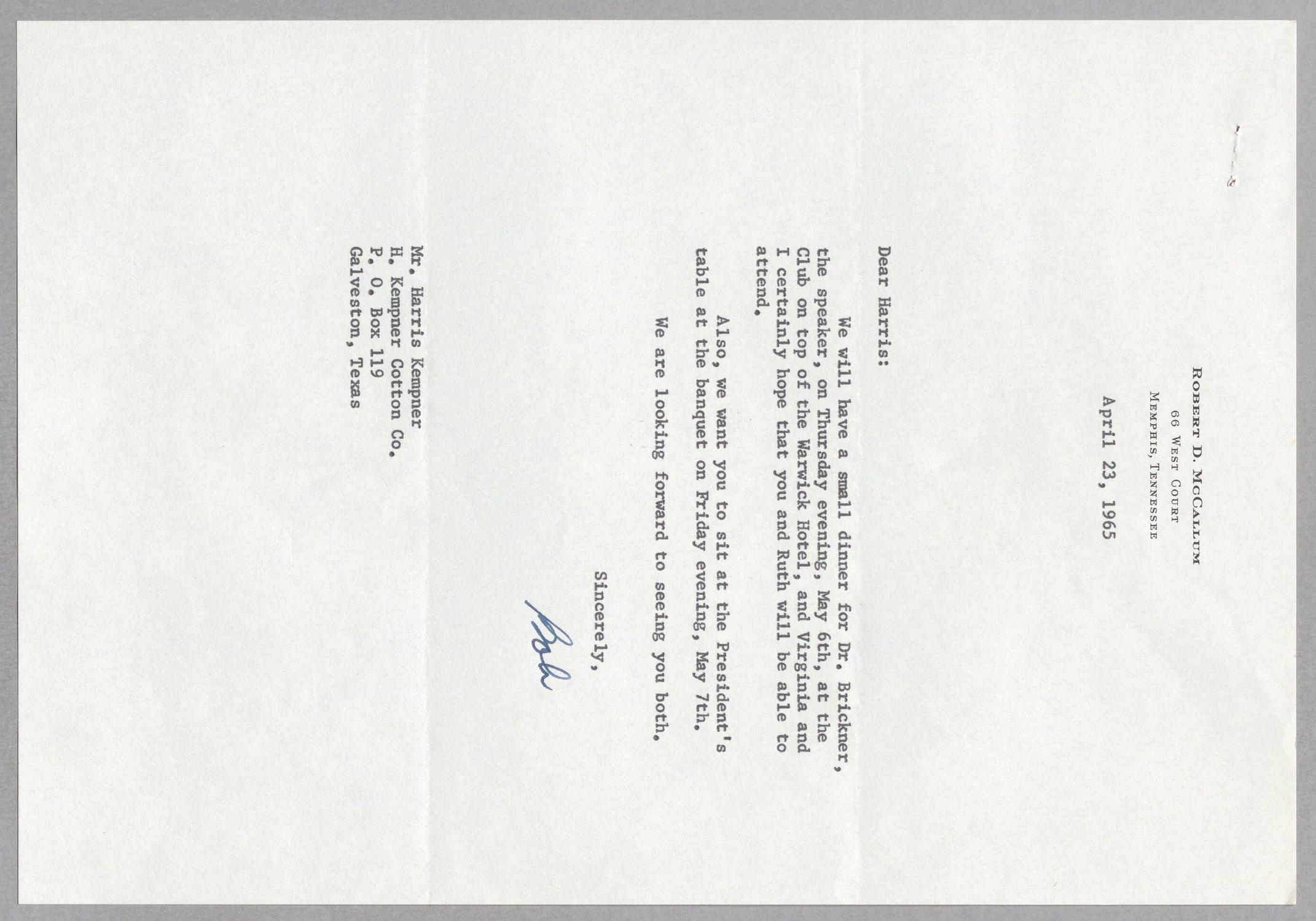 [Letter from Robert D. McCallum to Harris Leon Kempner, April 23, 1965]
                                                
                                                    [Sequence #]: 1 of 2
                                                
