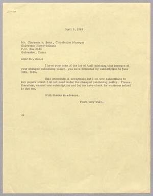 [Letter from Harris Leon Kempner to Clarence A. Benz, April 5, 1965]