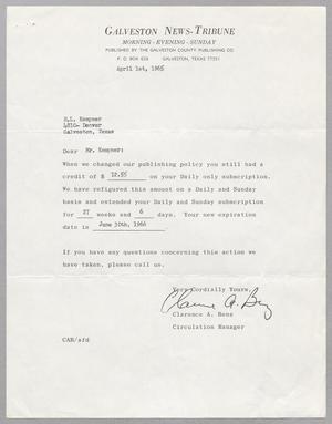 [Letter from Clarence A. Benz to H. L. Kempner, April 1st, 1965]