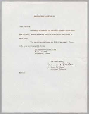 [Letter from Galveston Yacht Club to Member, 1965?]