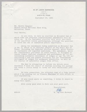 [Letter from John Garwood to Harris L. Kempner, September 27, 1965]