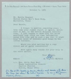 [Letter from W. St. John Garwood to Harris L. Kempner, October 4, 1965]