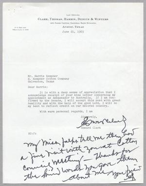 Primary view of object titled '[Letter from Edward Clark to Harris L. Kempner, June 21, 1965]'.