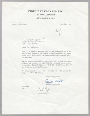 [Letter from Paul C. Hackett to Harris Leon Kempner, June 16, 1965]