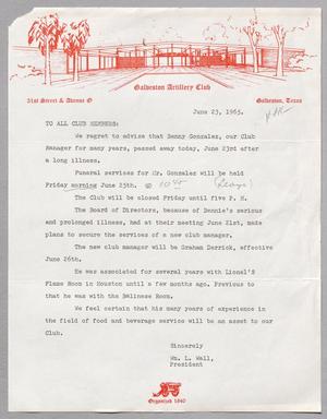 [Letter from Galveston Artillery Club, June 23, 1965]