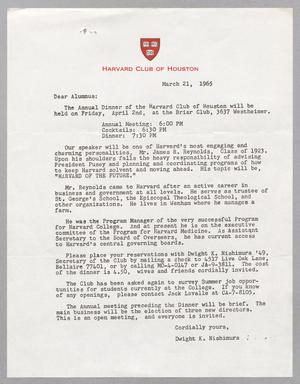 [Letter from Harvard Club of Houston, March 21, 1965]
