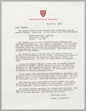 [Letter from Harvard Club of Houston, March 21, 1965, Copy]