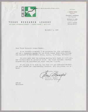 [Letter from Texas Research League, November 1, 1962]