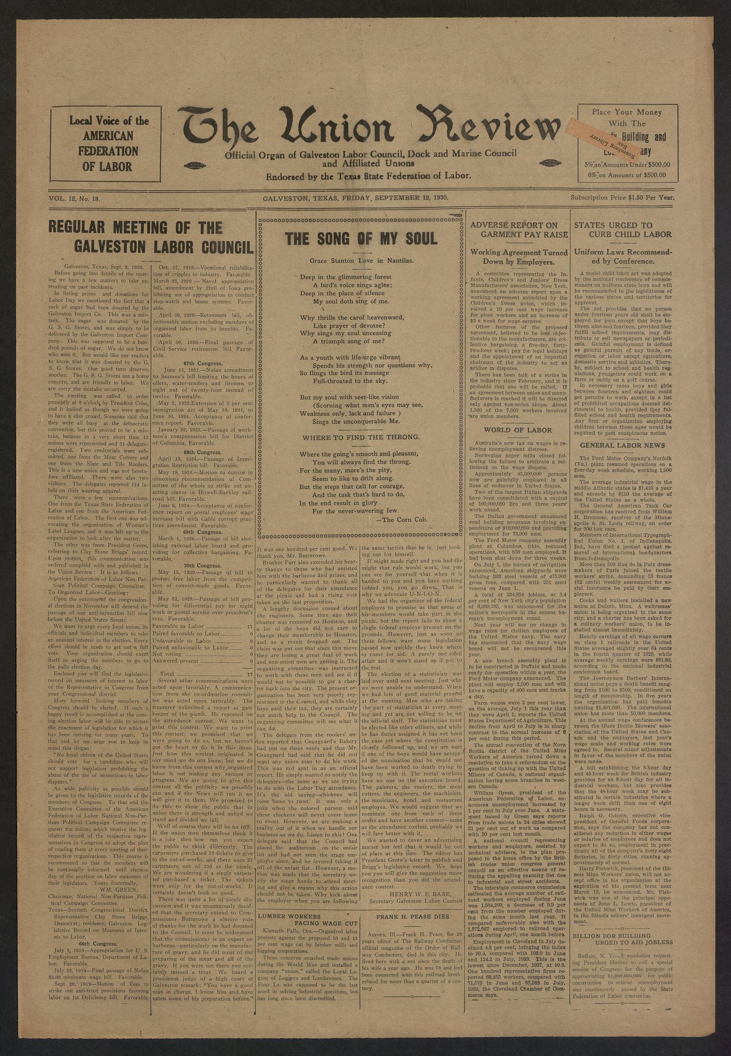 The Union Review (Galveston, Tex.), Vol. 12, No. 18, Ed. 1 Friday, September 12, 1930
                                                
                                                    [Sequence #]: 1 of 4
                                                