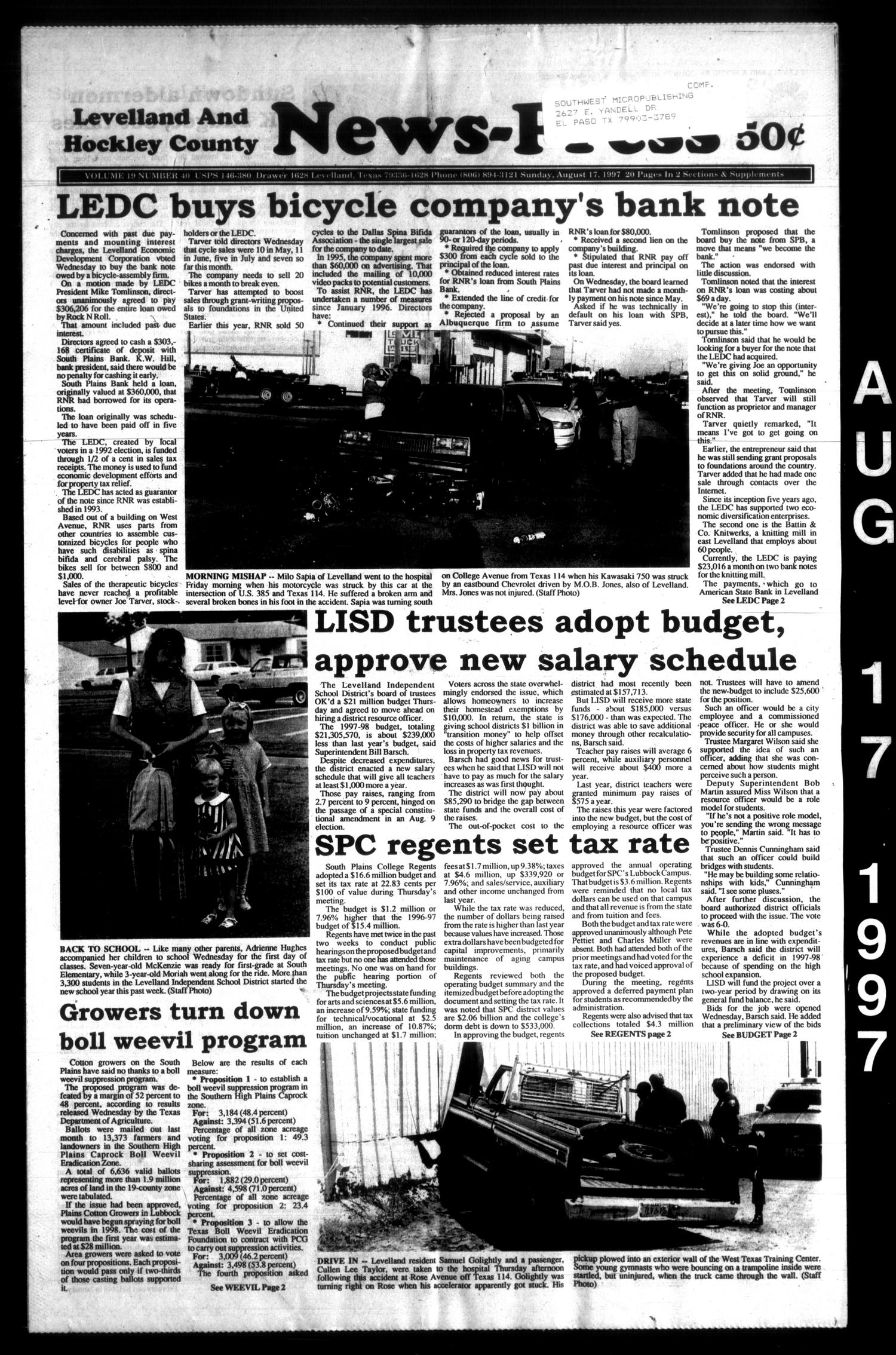 Levelland and Hockley County News-Press (Levelland, Tex.), Vol. 19, No. 41, Ed. 1 Sunday, August 17, 1997
                                                
                                                    [Sequence #]: 1 of 20
                                                