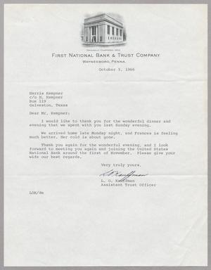 Primary view of object titled '[Letter from L. O. Kauffman to Harris L. Kempner, October 5, 1966]'.