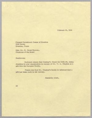 [Letter from Harris L. Kempner to the Planned Parenthood Center of Houston, February 21, 1966]