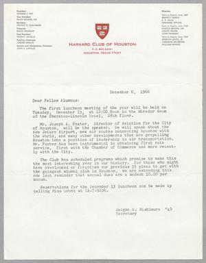 [Letter from the Harvard Club of Houston, December 6, 1966]