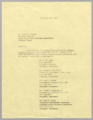 Primary view of object titled '[Letter from Harris L. Kempner to James A. Tinsley, September 26, 1966]'.