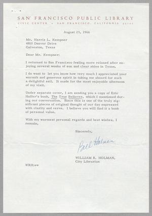 [Letter from William R. Holman to Harris L. Kempner, August 25, 1966]