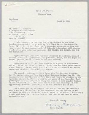 Primary view of object titled '[Letter from Carey Croneis to Harris L. Kempner, April 6, 1966]'.