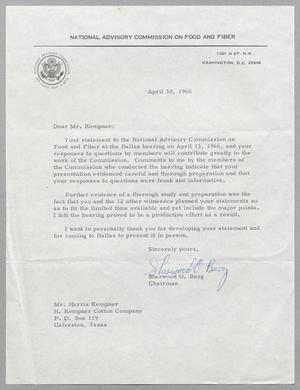 Primary view of object titled '[Letter from Sherwood O. Berg to Harris L. Kempner, April 30, 1966]'.