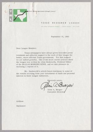 [Letter from Texas Research League, September 10, 1965]