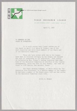 [Letter from Alvin A. Burger to the Texas Research League Board of Directors, April 6, 1965]