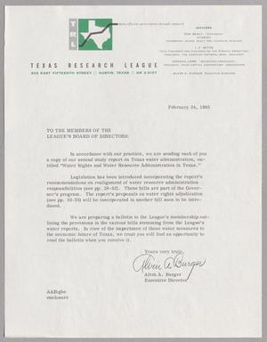[Letter from Alvin A. Burger to the Texas Research League Board of Directors, February 24, 1965]