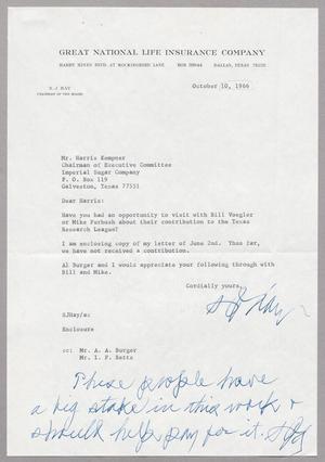 [Letter from S. J. Hay to Harris Leon Kempner, October 10, 1966]