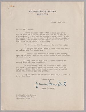 [Letter from James Forrestal to Harris L. Kempner, February 20, 1946]