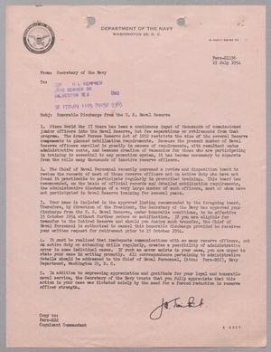 [Letter from the Secretary of the Navy to Harris Leon Kempner, July 15, 1954]
