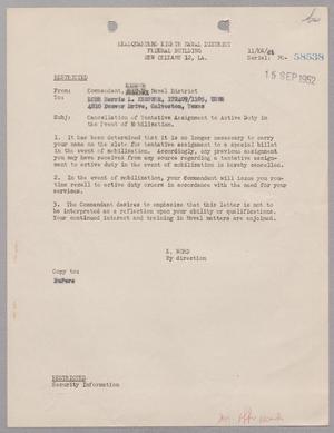 [Letter from E. Word to Harris L. Kempner, September 15, 1952]