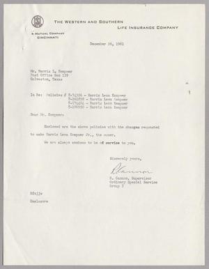 [Letter from R. Cannon to Harris Leon Kempner, December 26, 1961]