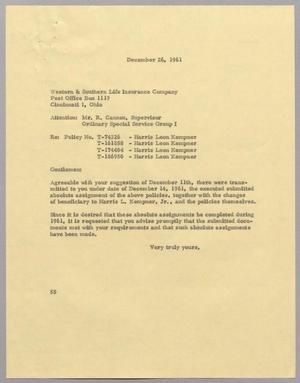[Letter from Harris Leon Kempner Jr. to Western and Southern Life Insurance Company, December 26, 1961]