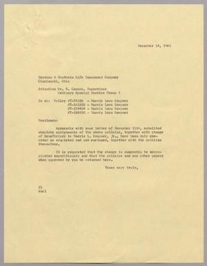 [Letter from Harris Leon Kempner to Western & Southern Life Insurance Company, December 14, 1961]