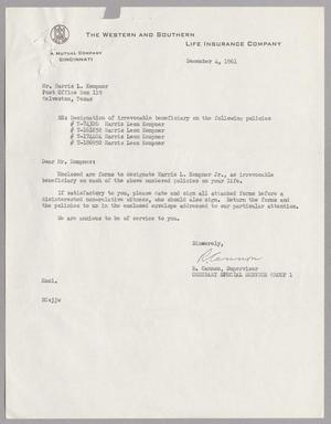 [Letter from The Western and Southern Life Insurance Company to Harris Leon Kempner, December 4, 1961]