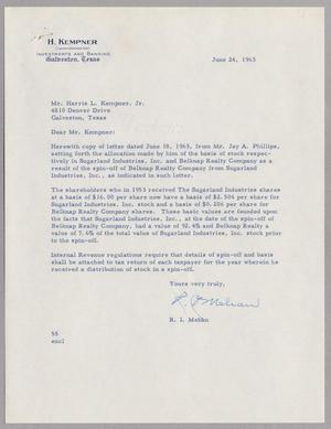 [Letter from R. I. Mehan to Harris L. Kempner Jr., June 24, 1963]