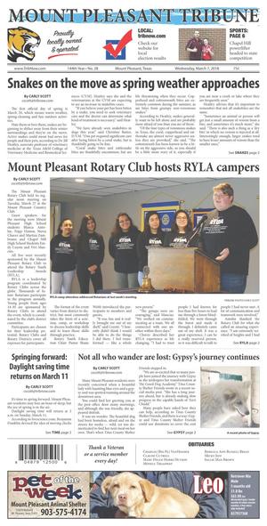 Primary view of object titled 'Mount Pleasant Tribune (Mount Pleasant, Tex.), Vol. 144, No. 28, Ed. 1 Wednesday, March 7, 2018'.