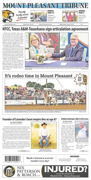 Primary view of object titled 'Mount Pleasant Tribune (Mount Pleasant, Tex.), Vol. 144, No. 54, Ed. 1 Wednesday, June 6, 2018'.