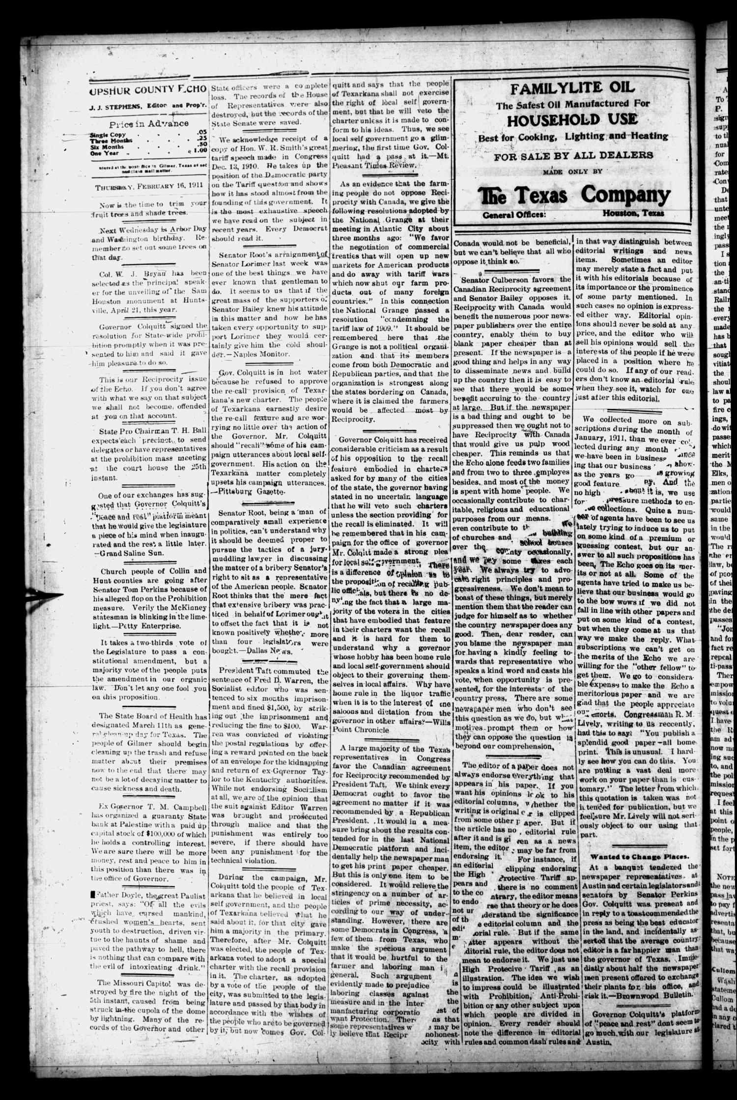 Upshur County Echo. (Gilmer, Tex.), Vol. 14, No. 15, Ed. 1 Thursday, February 16, 1911
                                                
                                                    [Sequence #]: 2 of 8
                                                