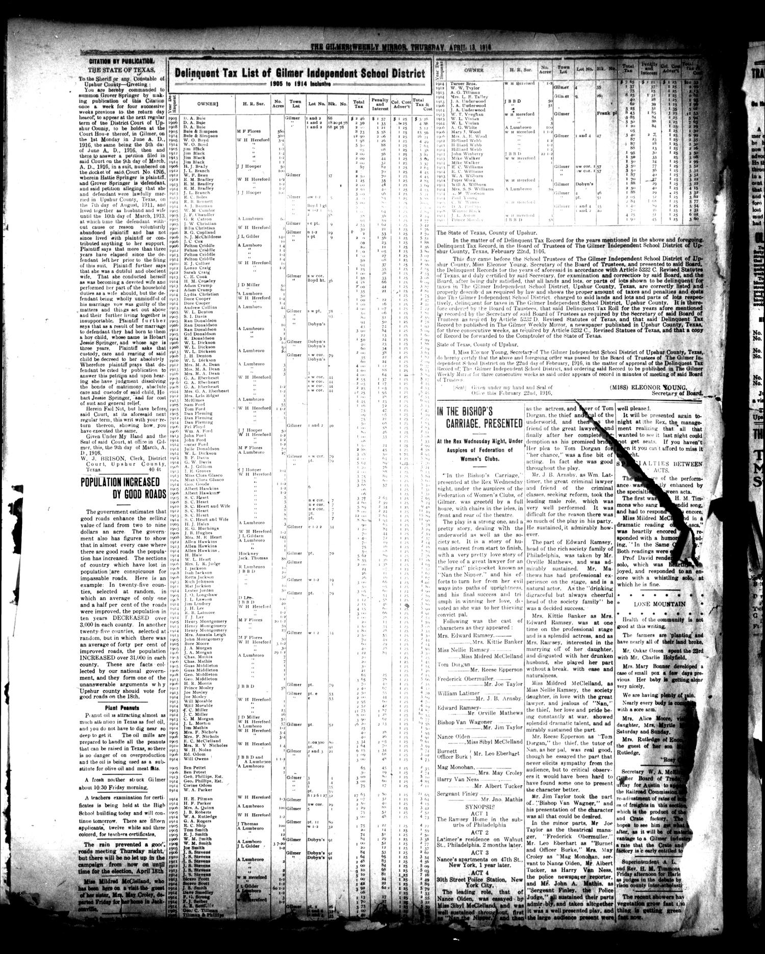 The Gilmer Weekly Mirror (Gilmer, Tex.), Vol. 40, No. 44, Ed. 1 Thursday, April 13, 1916
                                                
                                                    [Sequence #]: 3 of 6
                                                